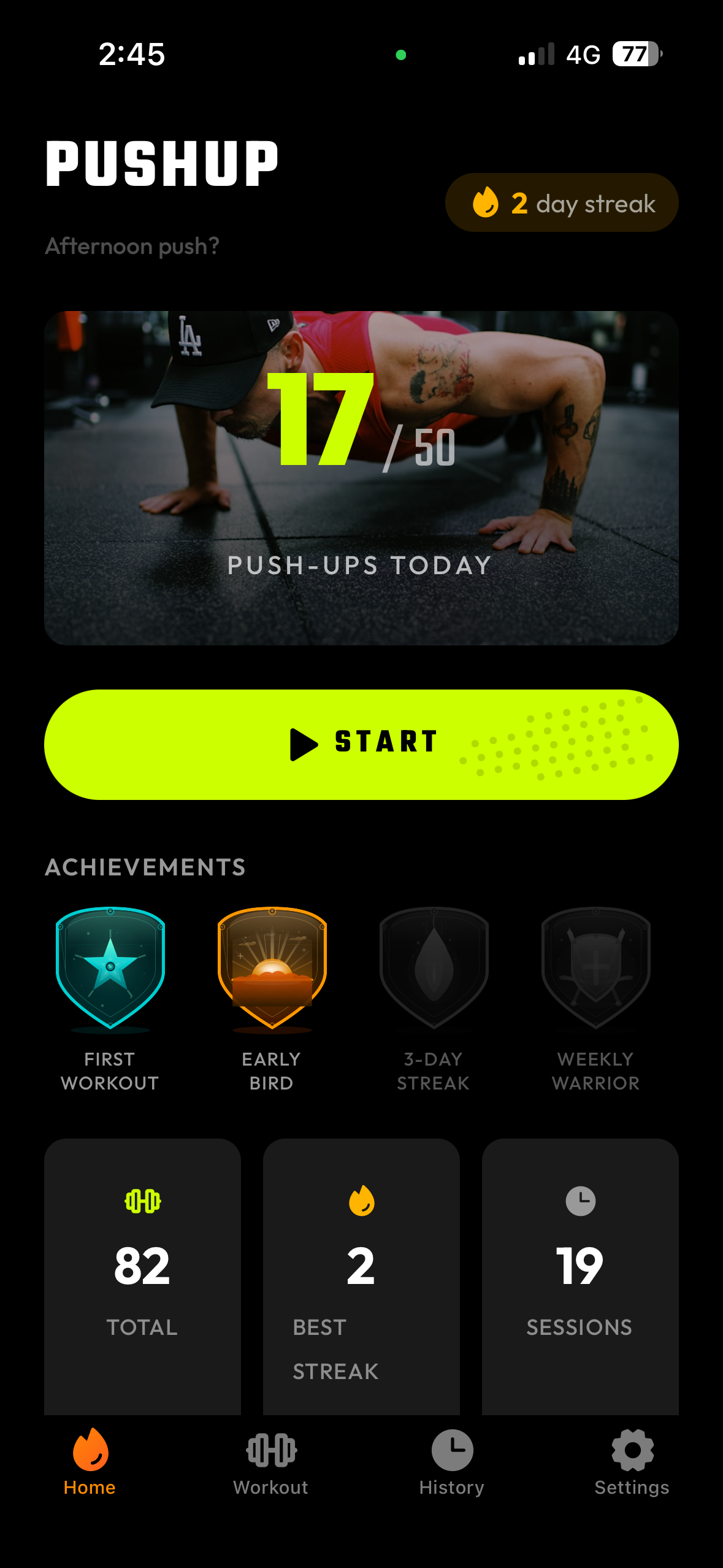 PUSHUP app home screen showing daily progress