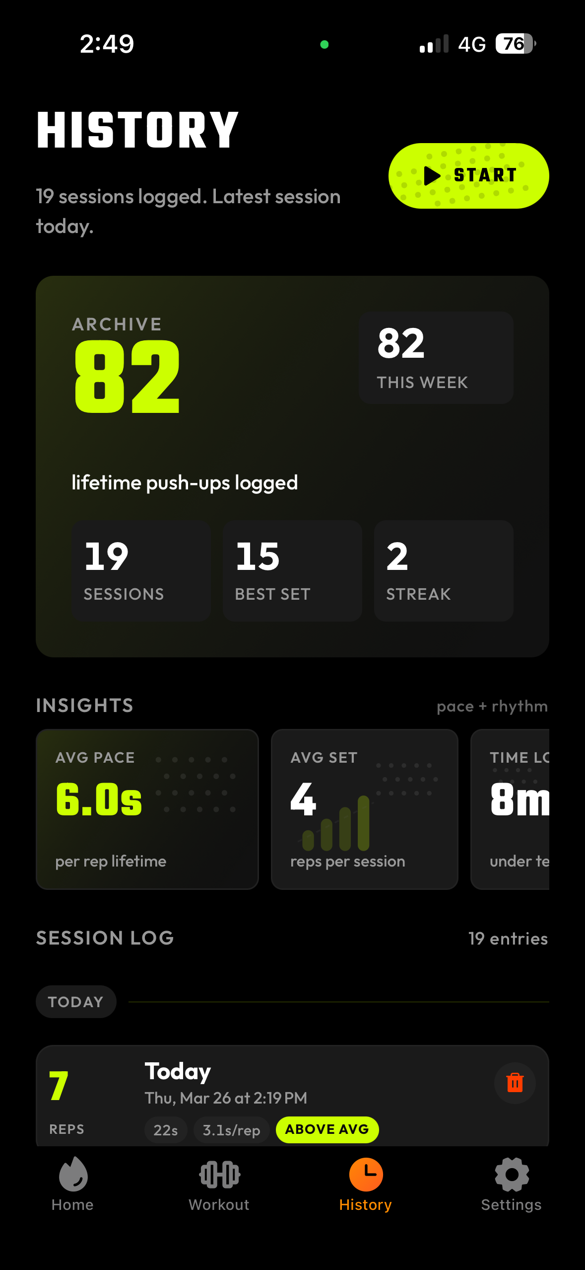 History screen with session insights and analytics